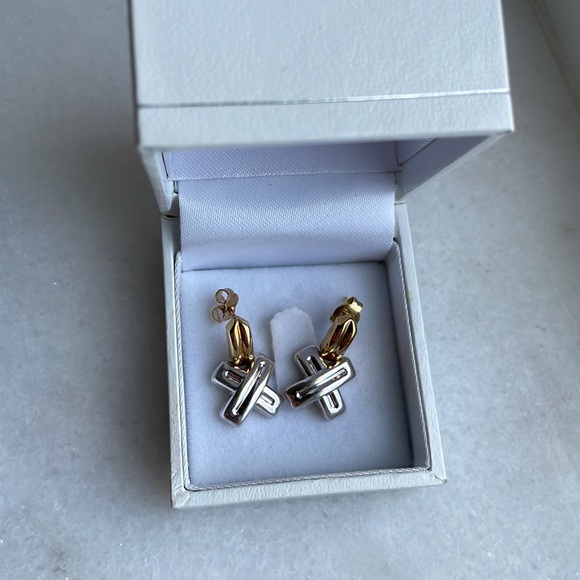 14K gold and silver crossover earrings
